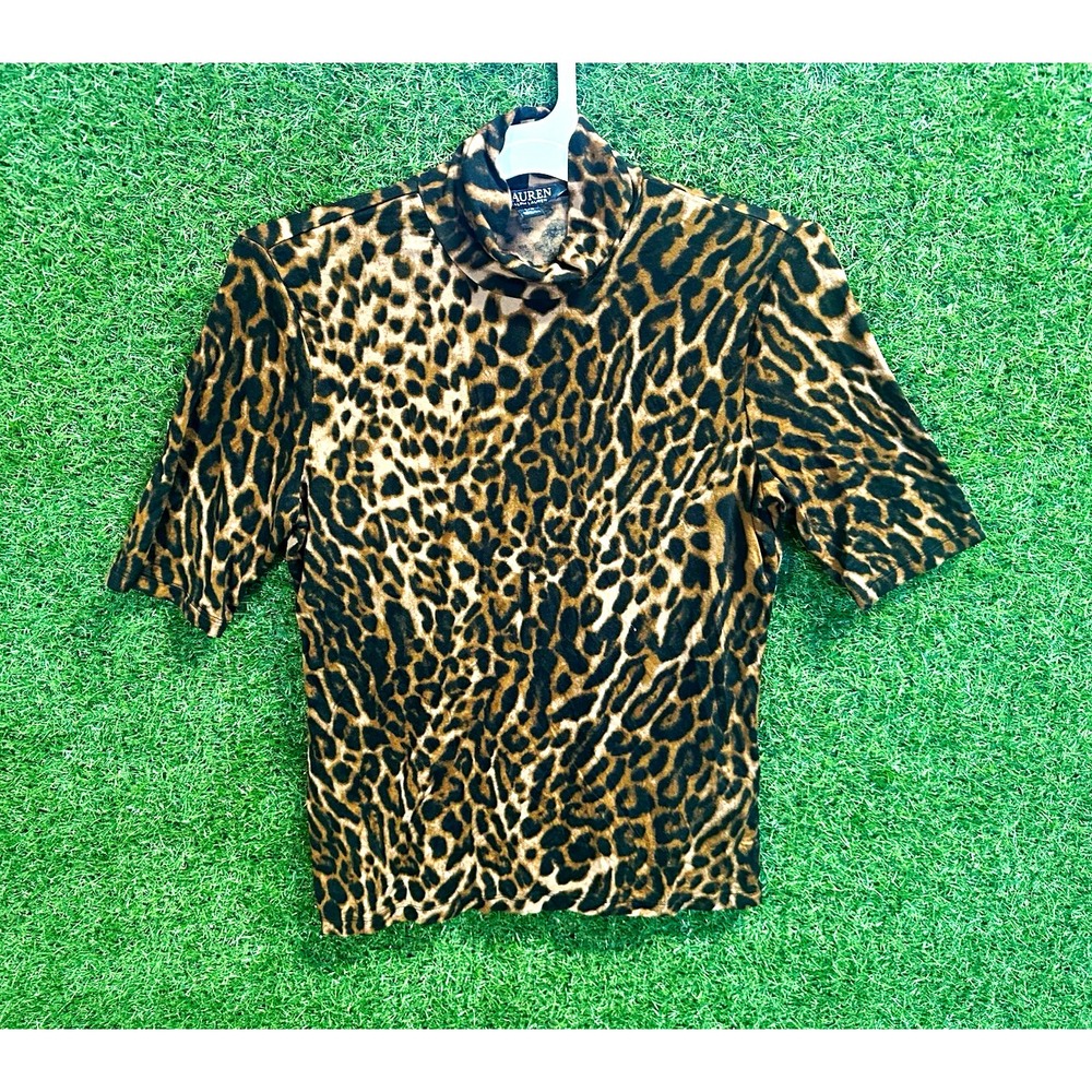 Lauren Ralph Lauren Women's L Leopard Animal Print Knit Turtleneck Top Pullover